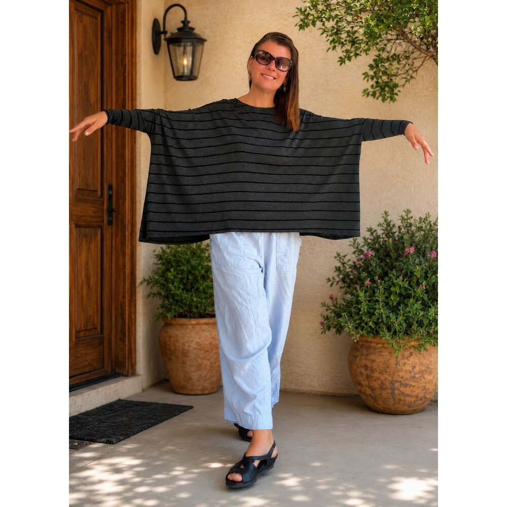 RUTI XS / S Oversized Striped Dolman Tee Knit Top Artsy Elegant Avant Garde Gray